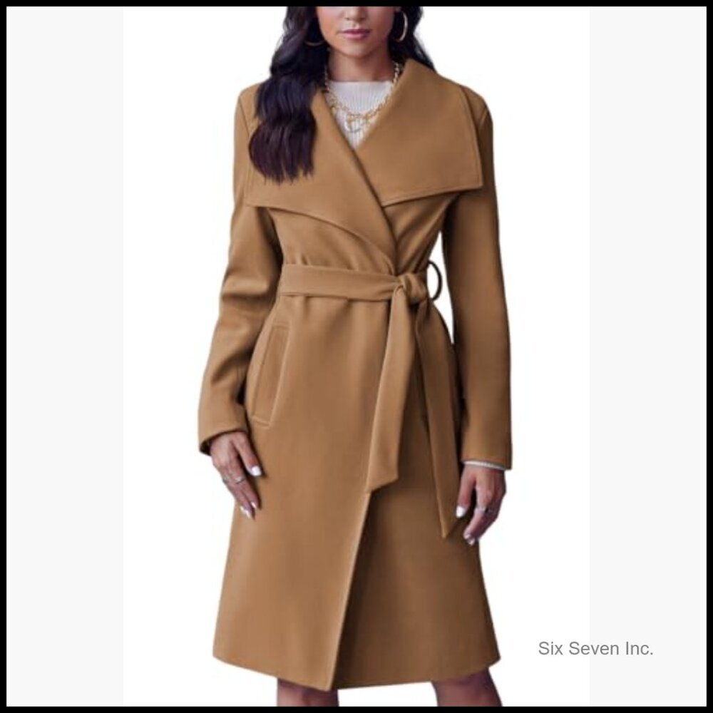 Polyester Pea Trench Coat Lapel Collar Long Jacket Belted Overcoat - Picture 3 of 7